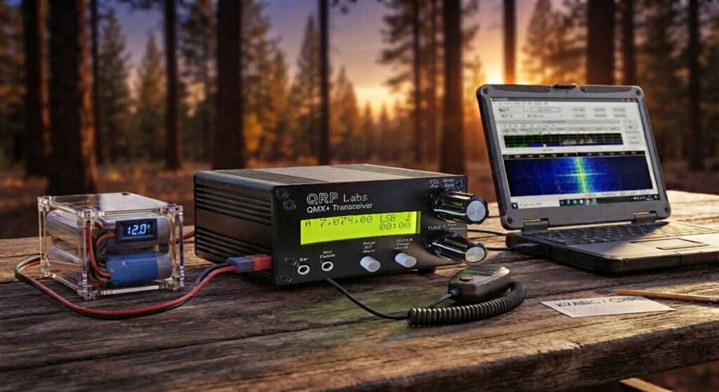 QMX+ in its natural habitat: HF and 6m field work with just a single 3S 18650 battery and a laptop for FT8 QMX+ QRP Labs трансивър на полева позиция с батерия и лаптоп